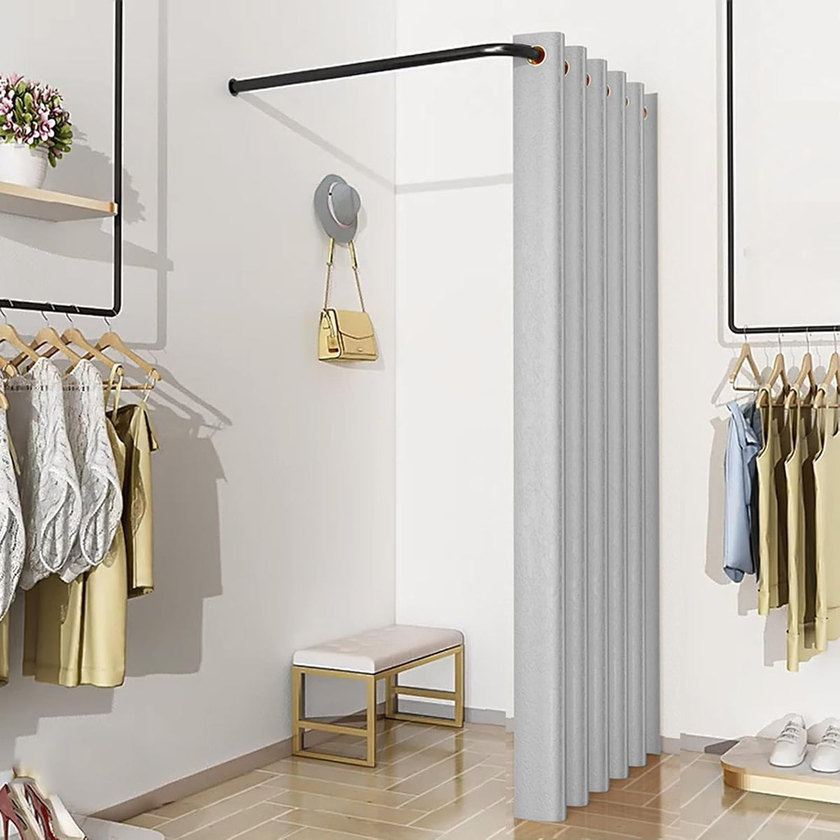 RENLXFI Cabine Essayage Cabine Vestiaire Forme De L avec Rideau De 195cm De Long, Tringle Noire Suspendue Au Mur pour La Protection De L'intimité, Vestiaire De Boutique De Vêtements Gray,120 cm