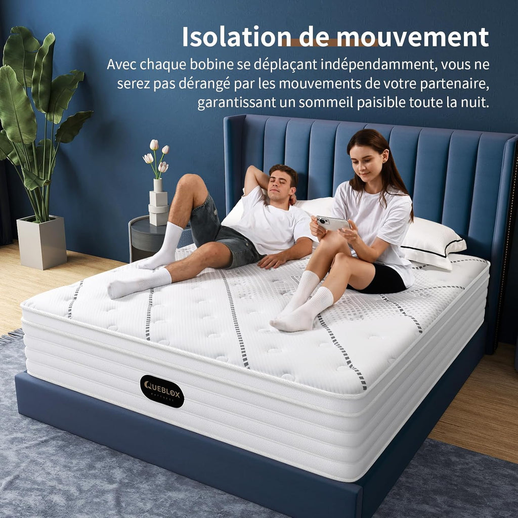 Queblox Matelas 160x200cm,Hauteur 28cm,Matelas en boîte,7-Zone Pocket Sprung Mattress,Fermeté Moyenne,Isolation des mouvements,Certifié Oeko-TEX​
