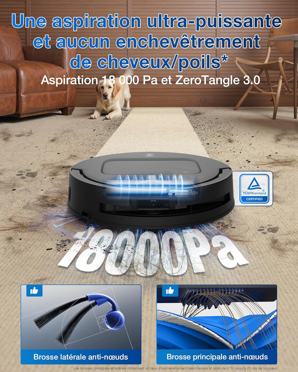 ECOVACS DEEBOT T80 Omni Robot Aspirateur Laveur, 18 000 Pa, Nettoyage Automatique instantané OZMO Roller, ZeroTangle 3.0, Lavage à l'eau Chaude 40-75 ℃, Séchage à air Chaud, Noir
