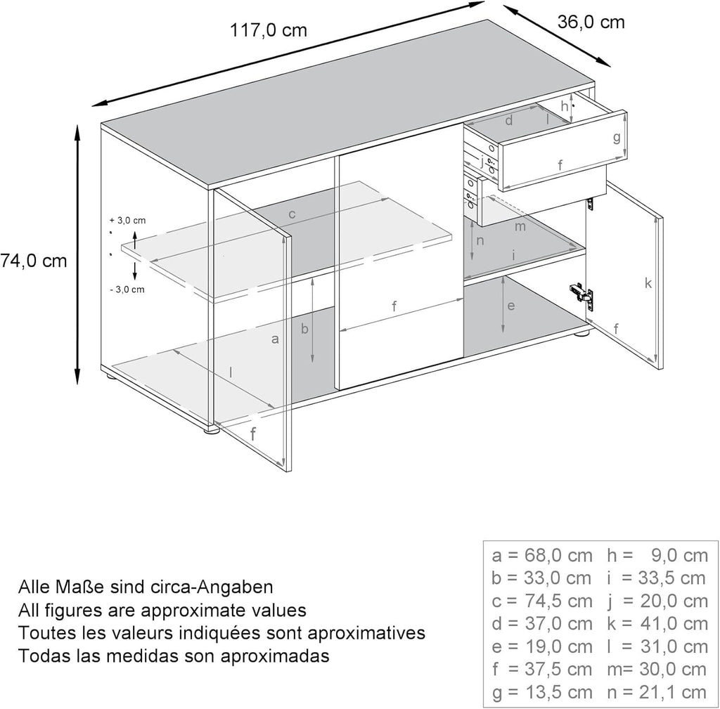 Vladon Buffet Ben V3, Commode avec 3 Portes et 2 tiroirs, Noir Mat/Noir Mat (117 x 74 x 36 cm)