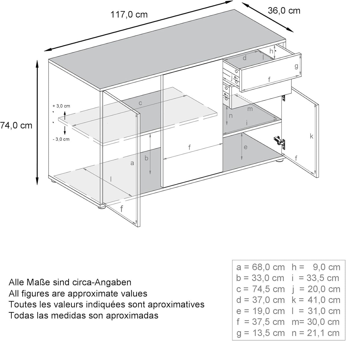 Vladon Buffet Ben V3, Commode avec 3 Portes et 2 tiroirs, Noir Mat/Noir Mat (117 x 74 x 36 cm)