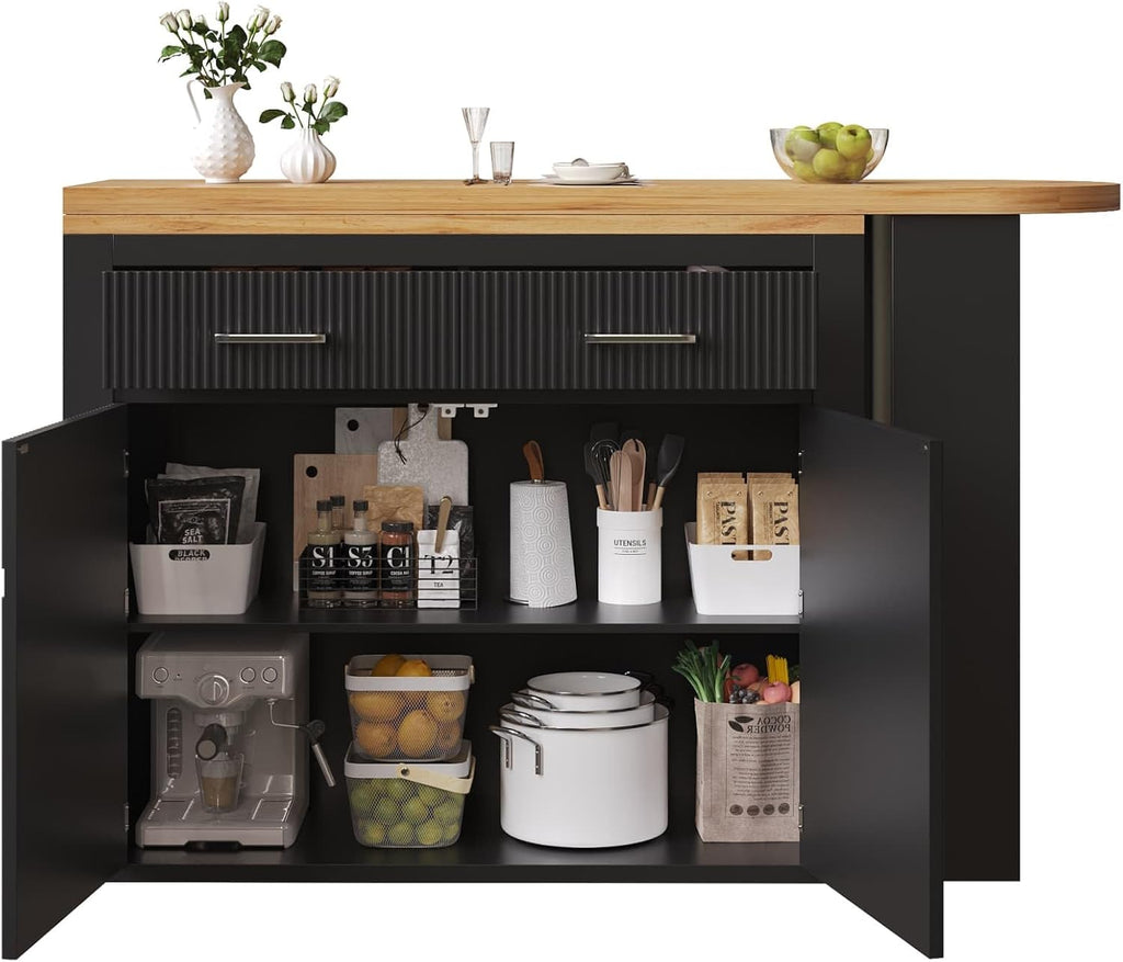 KOMHTOM Table de Bar Extensible avec Espace de Rangement, Meuble Bar avec 2 Portes en Verre, Rotation Libre à 360 °, étagères latérales (Noir-3)