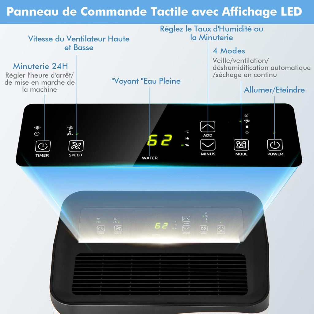 COSTWAY Déshumidificateur Portable 50L/Jour avec Réservoir 5L pour Pièces jusqu'à 100m², 2 Vitesses de Ventilation Minuterie 24H 4 Modes Contrôle WiFi, pour Maison et Bureau