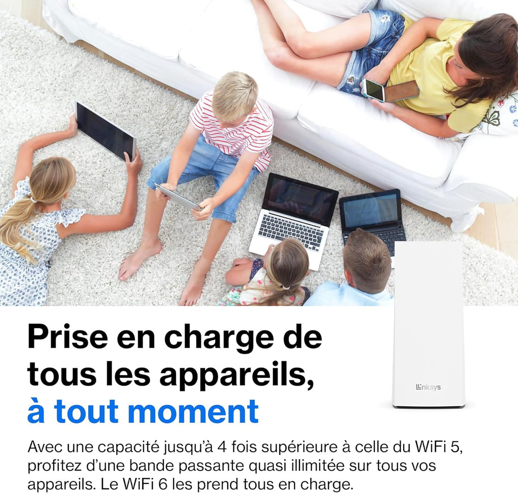 Linksys Système WiFi 6 Mesh triple bande Velop MX12600 (AX4200) (routeur WLAN, jusqu'à 830 m2, pour plus de 120 appareils, pack de 3, blanc)
