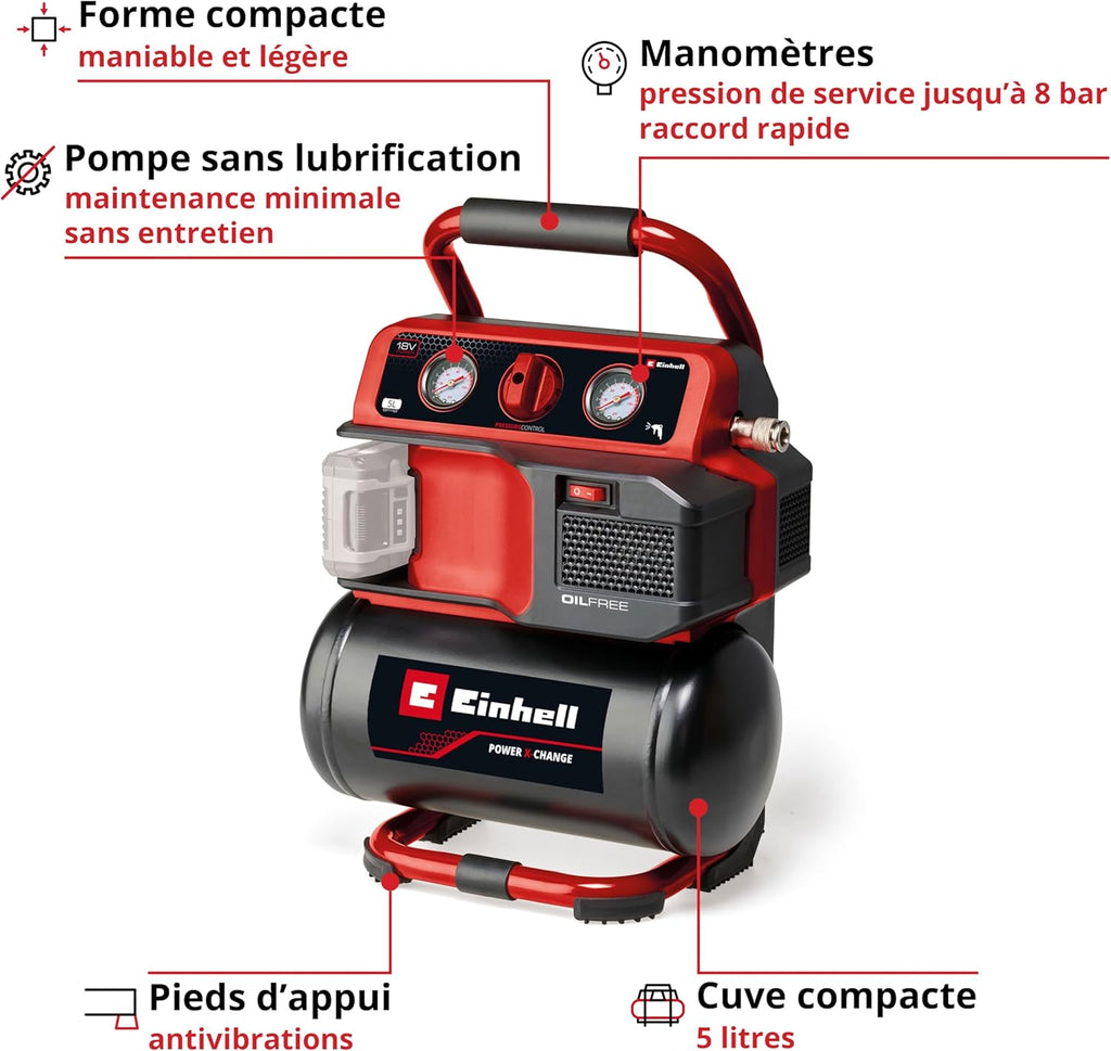 Einhell Compresseur sans fil TE-AC 18/75 Li OF-Solo Power X-Change (18 V, 8 bar max., cuve de 5 l, capacité de pompage de 75 l/min, 2 manomètres, sans lubrification, sans batterie)