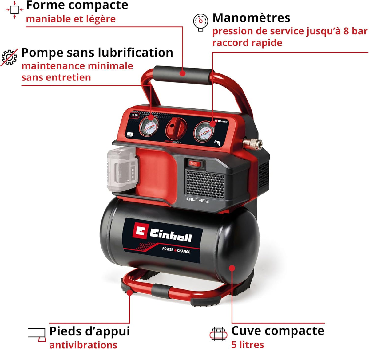 Einhell Compresseur sans fil TE-AC 18/75 Li OF-Solo Power X-Change (18 V, 8 bar max., cuve de 5 l, capacité de pompage de 75 l/min, 2 manomètres, sans lubrification, sans batterie)