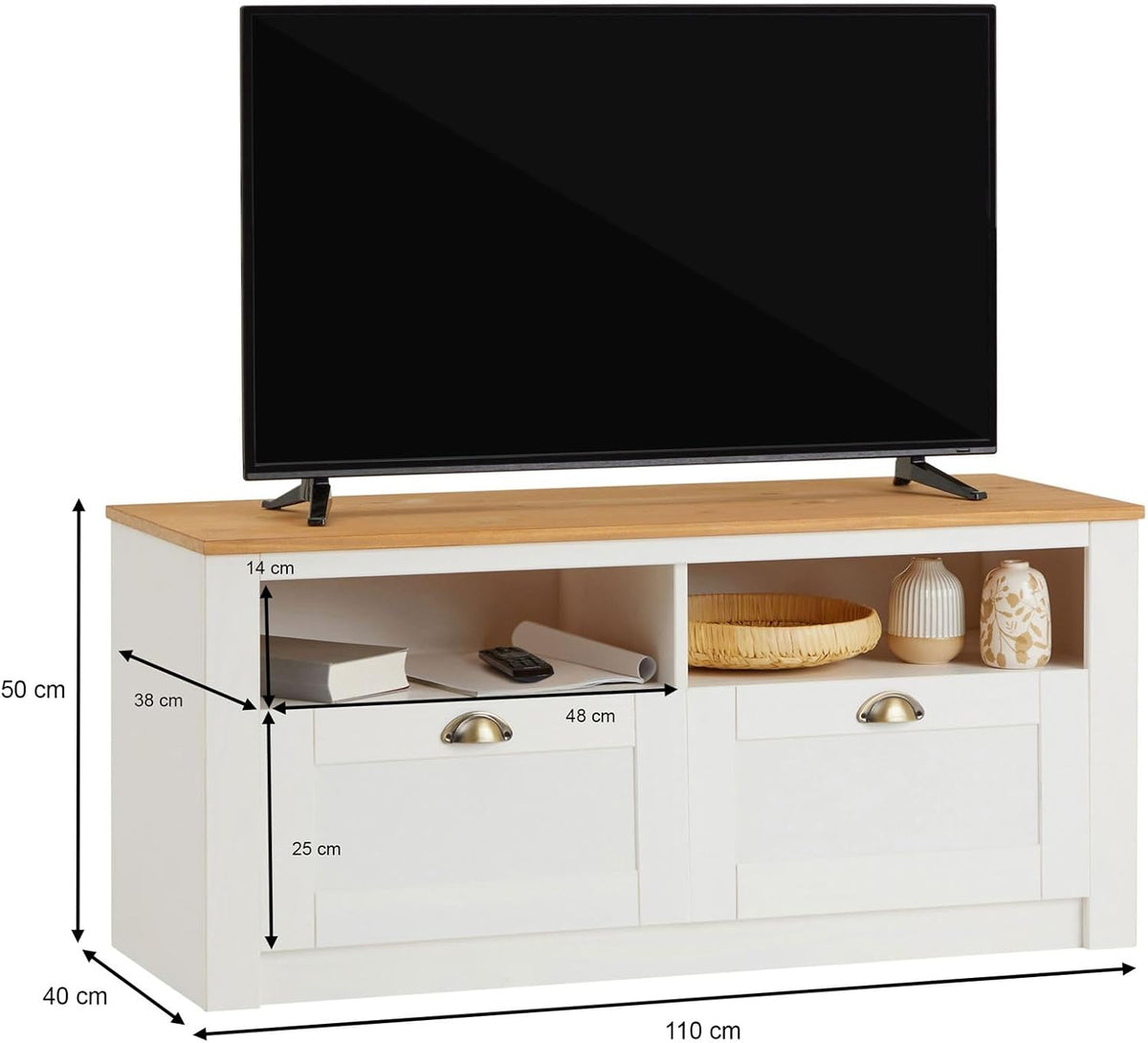 IDIMEX Meuble TV Bolton 2 tiroirs et 2 niches de Rangement, Meuble télé Design Campagne en pin Massif Blanc et Brun, dim 110x50x40 cm