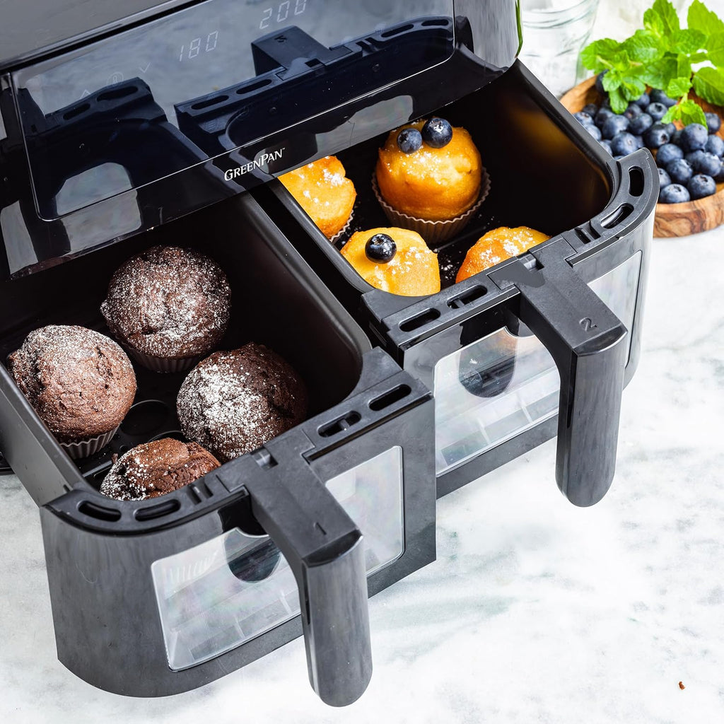 GreenPan Bistro Airfryer XL 11en1,2 Paniers à Friteuse sans Huile (2 x 4L),Intérieur Antiadhésif en Céramique sans PFAS,Chauffage Rapide,Préréglages Multifonctions,Arrêt automatique,Affichage LED,Noir