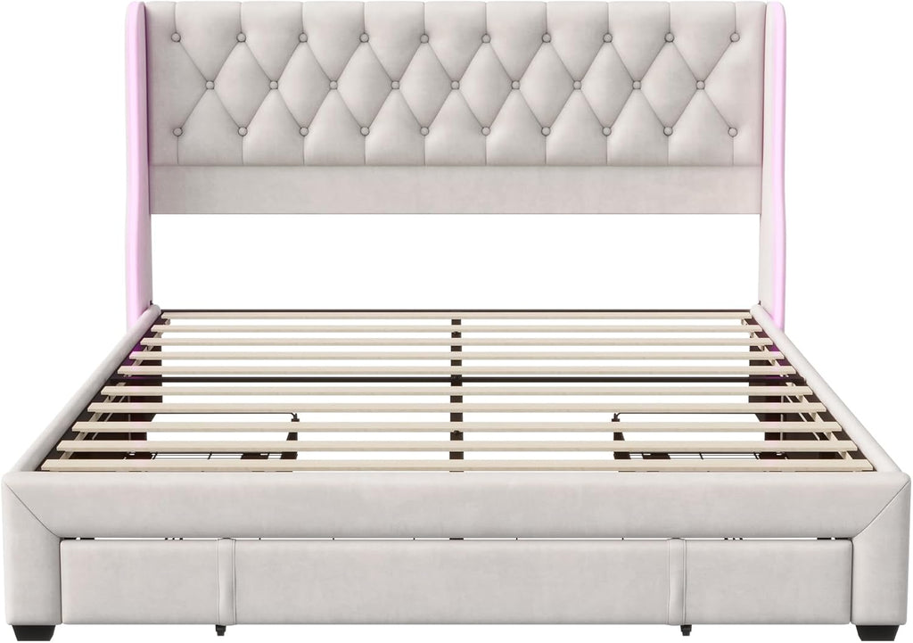 Callicarpa Cadre de Lit avec Tiroirs de Rangement, Lits LED 160 X 200, Lit Deux Place, lit Double, Lits et Cadre de Lit pour Adulte, Beige