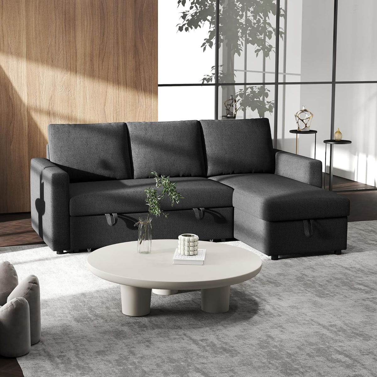 HOMCOM Canapé d'angle Convertible canapé lit canapé 3 Places modulable avec méridienne réversible, Coffre de Rangement intégré et 3 Coussins de Dossier, Tissu Aspect Lin, Noir