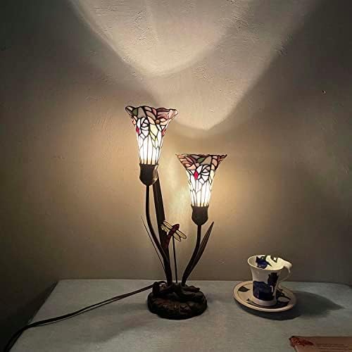 Bieye L30620 Lampe de table en vitrail style Tiffany avec fleurs de lys et libellule, 48,3 cm de haut