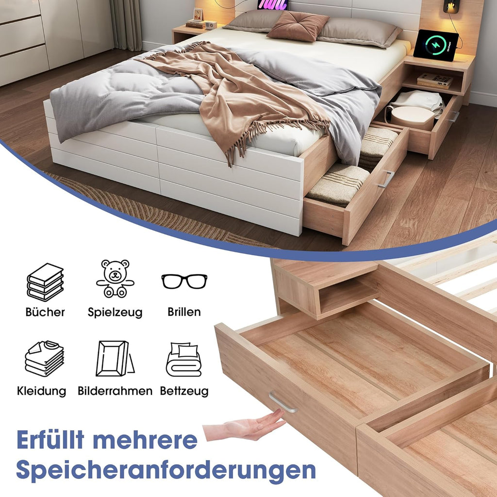 Lit double en bois - 180 x 200 cm - Avec 2 tiroirs - Lampe de tête de lit - Lampe de lecture avec fonction de charge USB - Lit moderne avec 2 commodes de chevet - Cadre de lit et sommier à lattes -