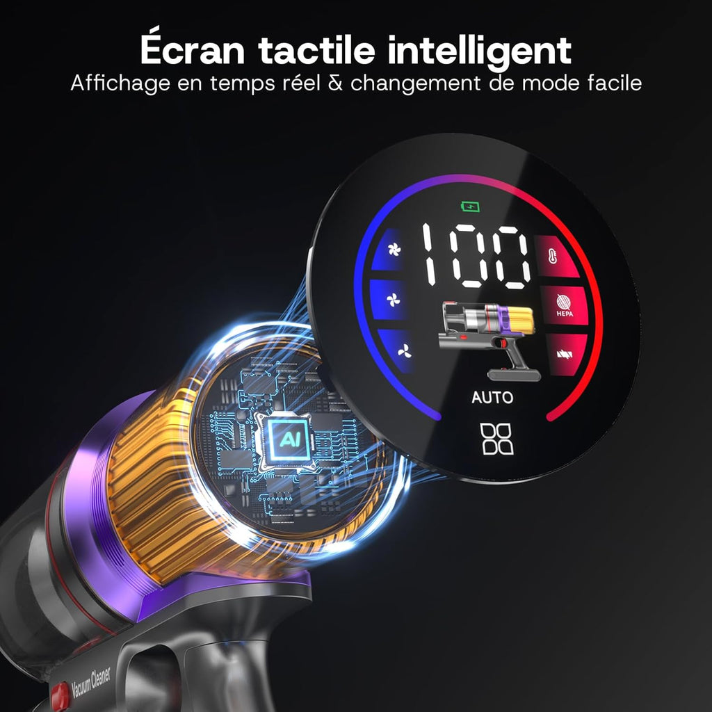 V16 Aspirateur Balai sans Fil 55Kpa/600W/80Mins, Aspirateur sans Fil Puissant, Écrans Tactiles LED, Mode Automatique, Brosse Anti-Emmêlement pour Tapis, Sols Durs et Poils d'animaux