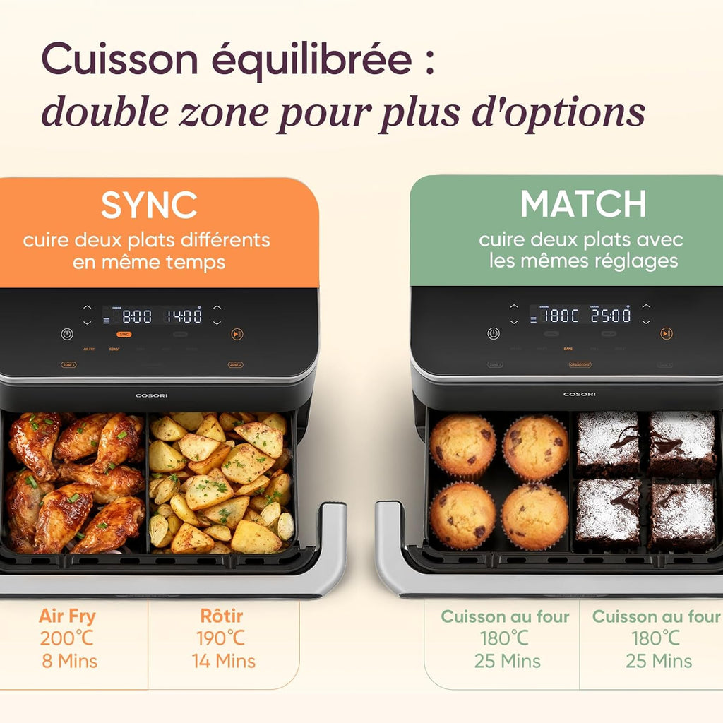 COSORI Air Fryer 10L Twinfry, Friteuse sans Huile Double Résistance, Airfryer à Dual Zone Avec Séparateur Amovible, 5-en-1, Grande Capacité, Cuisson optimale, 40C-240C, Contrôle Smart via App
