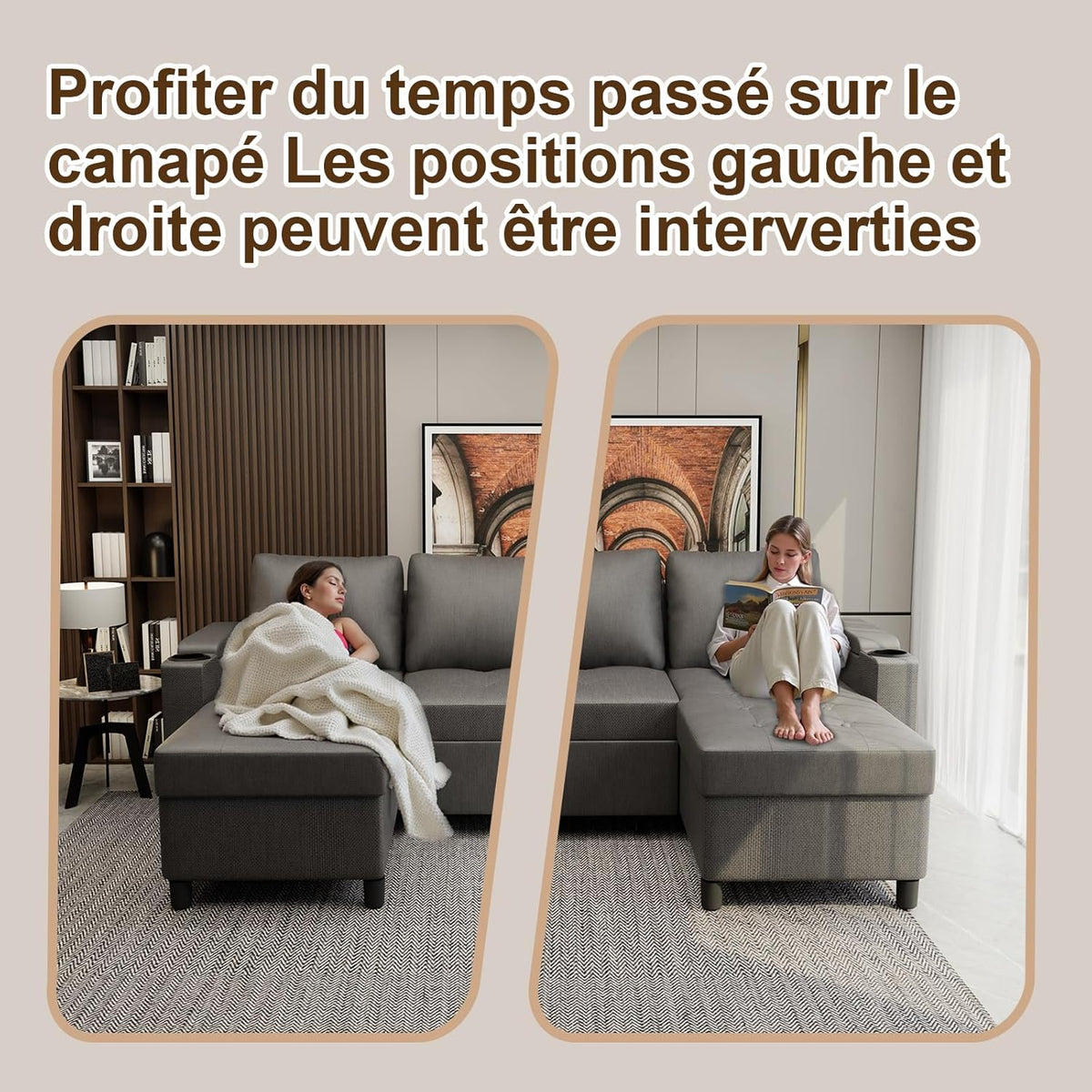 Devoko Canapé d'angle Convertible Modulaire 3 Places en L - Canapé-Lit avec Chaise Longue, Rangement Intégré et Porte-Gobelets - Design Moderne pour Salon, Anthracite (Gris)