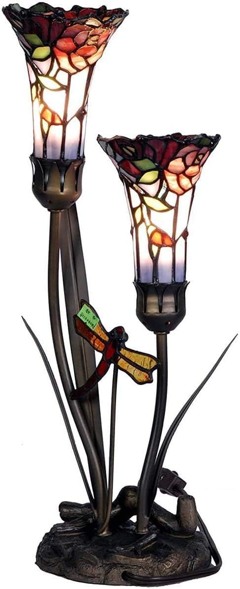 Bieye L30620 Lampe de table en vitrail style Tiffany avec fleurs de lys et libellule, 48,3 cm de haut