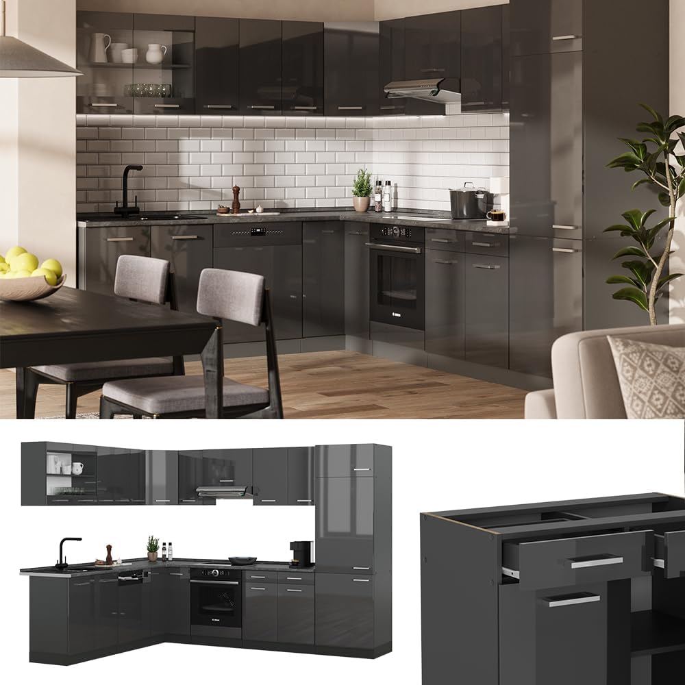 Vicco Cuisine en Angle R-Line, Anthracite Brillant/Anthracite, 227x287cm, PT Anthracite