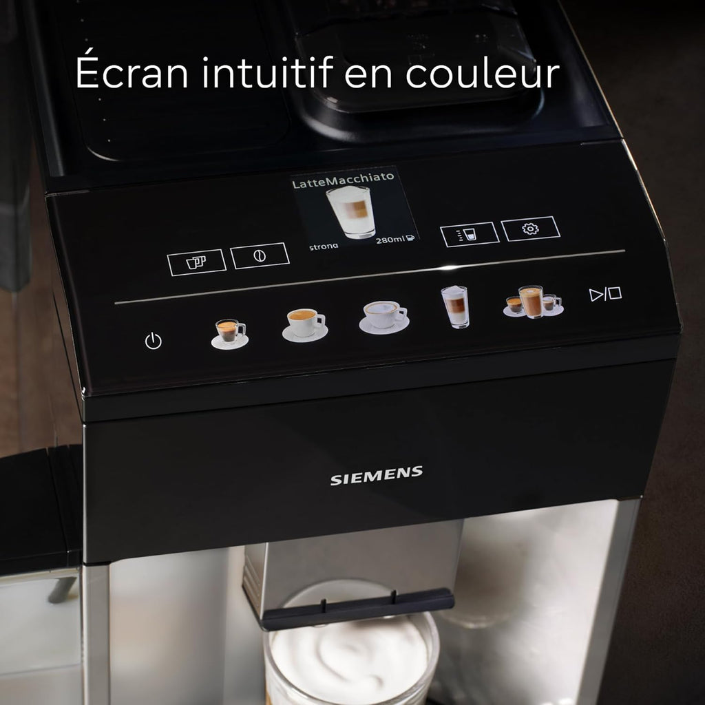 SIEMENS, machine à café tout automatique, EQ500, aromaDouble Shot, autoMilk Clean, ceramDrive, bandeau coffeeSelect, fonction double tasse, Noir/Argenté, TQ513R01