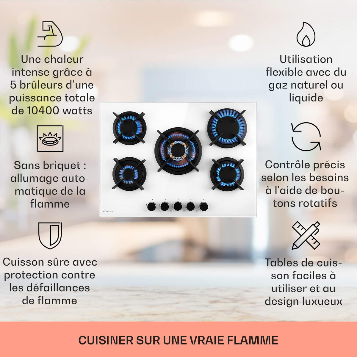 Klarstein Table de Cuisson à Gaz 5 Brûleurs, Plaque Électrique 5 Feux 10400W, Cuisinière Avec Brûleurs en Acier Inoxydable, Compatible GPL