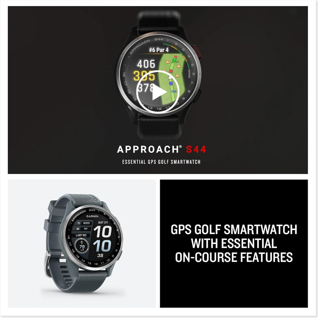Approach S44 EssentialGPS Smartwatch Écran AMOLED Fonctionnalités sur Le Terrain Lunette en Aluminium argenté avec Bracelet en Silicone Noir