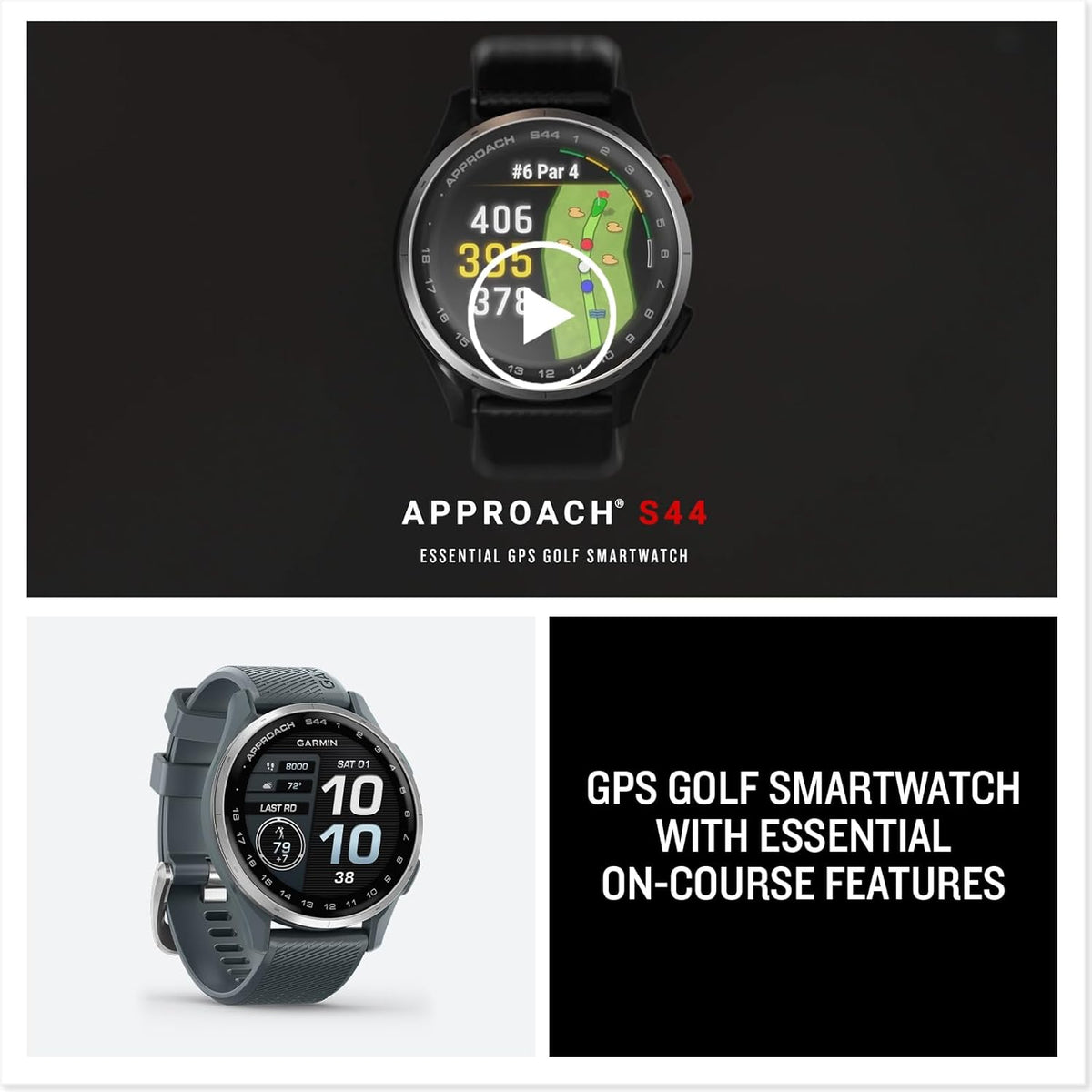 Approach S44 EssentialGPS Smartwatch Écran AMOLED Fonctionnalités sur Le Terrain Lunette en Aluminium argenté avec Bracelet en Silicone Noir