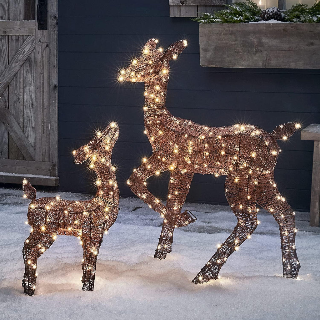 Lights4fun Déco Biche et Faon de Noël en Fils de Coton Marron avec LED Blanc Chaud pour Extérieur