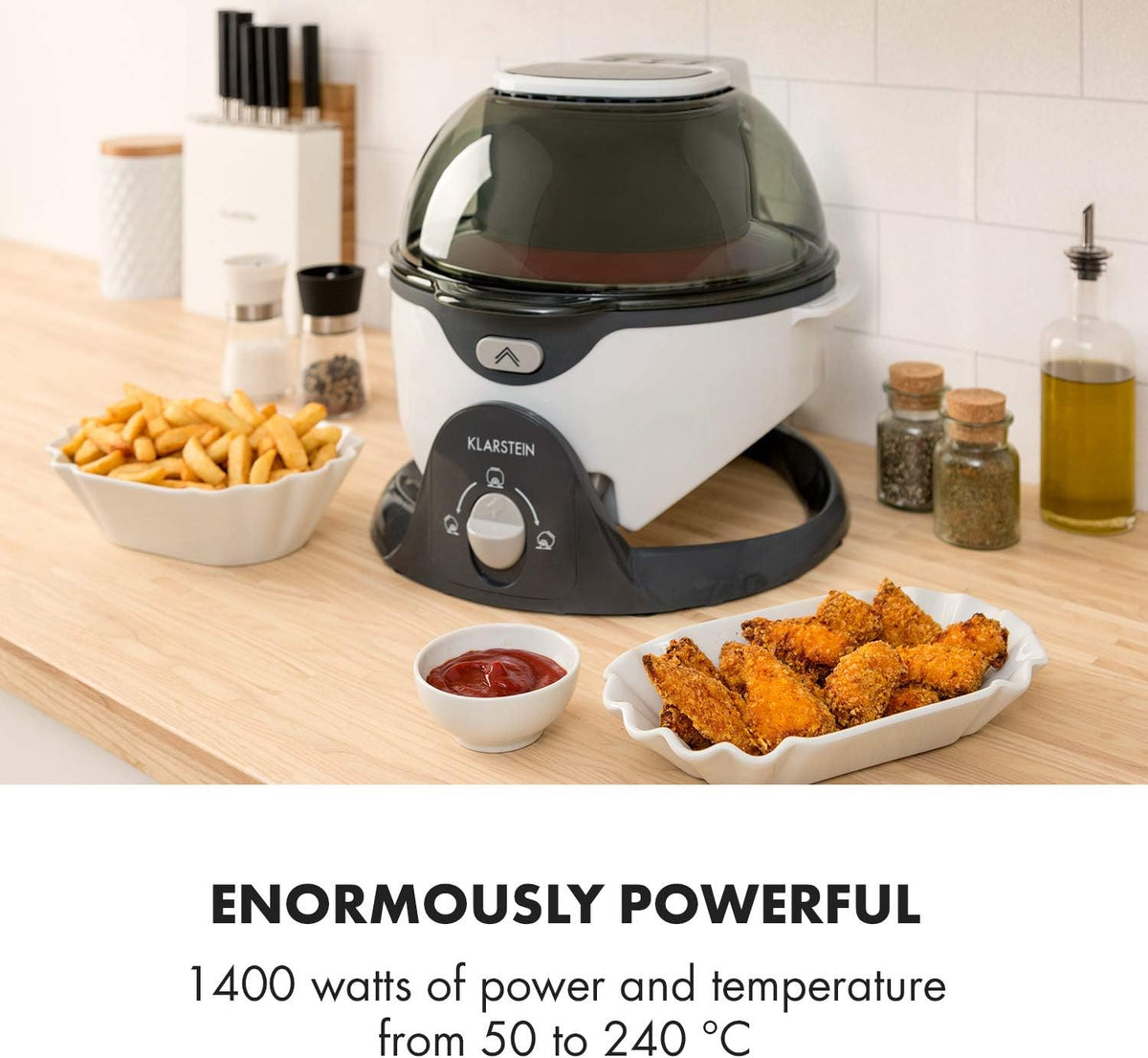 Klarstein VitAir Pommesmaster - Friteuse à air chaud, 1400 watts, Capacité de 6 litres, Cuisson sans huile, Poignée pratique, Grille pour cuire et rôtir, 50 à 240 C, Cuisson unique à 360°, Blanc