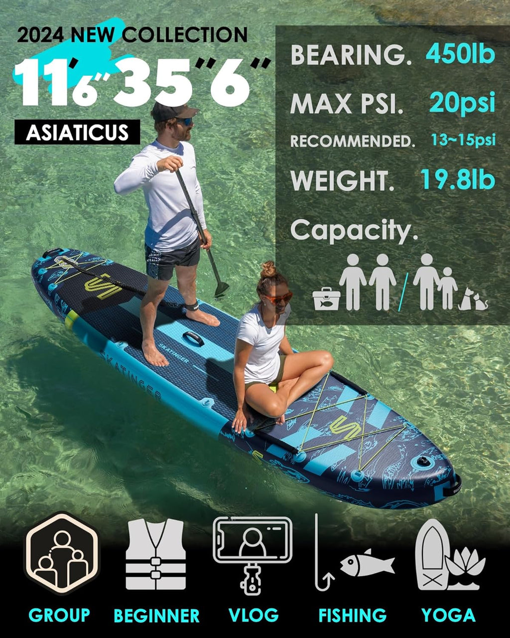 Skatinger Planche à pagaie Gonflable Super Large de 3,4 m x 9,9 m, Ultra Stable pour 2 + 1 Personnes/Famille/Grande Taille avec bandoulière, Sac à Dos de 100 L, Planche à pagaie complète, aileron