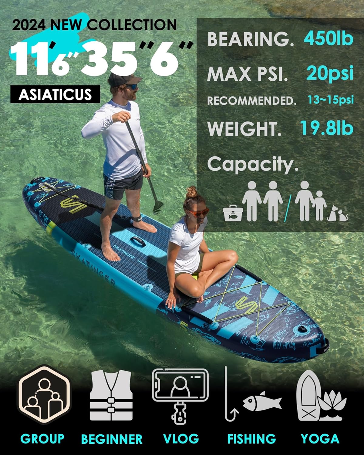 Skatinger Planche à pagaie Gonflable Super Large de 3,4 m x 9,9 m, Ultra Stable pour 2 + 1 Personnes/Famille/Grande Taille avec bandoulière, Sac à Dos de 100 L, Planche à pagaie complète, aileron