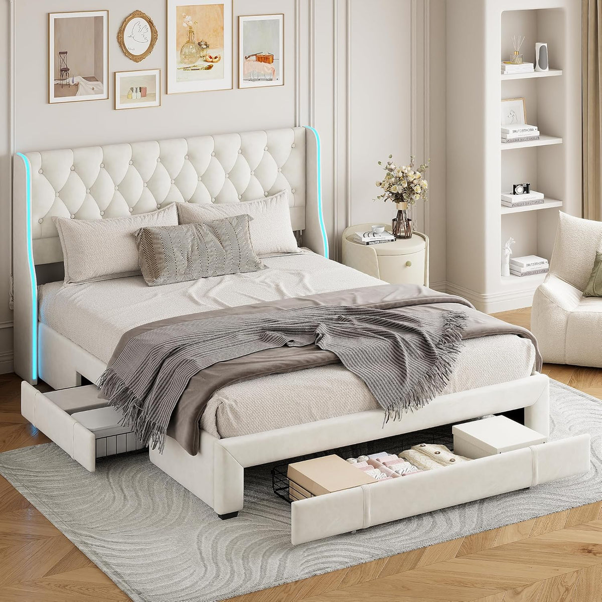 Callicarpa Cadre de Lit avec Tiroirs de Rangement, Lits LED 160 X 200, Lit Deux Place, lit Double, Lits et Cadre de Lit pour Adulte, Beige
