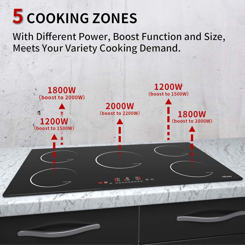 IsEasy Plaque Induction 5 Feux, Plaque de Cuisson Induction 5 Foyers, Encastrable, 8600W, Booster, Minuterie, Commande Tactile, Verrou Enfants, 90cm
