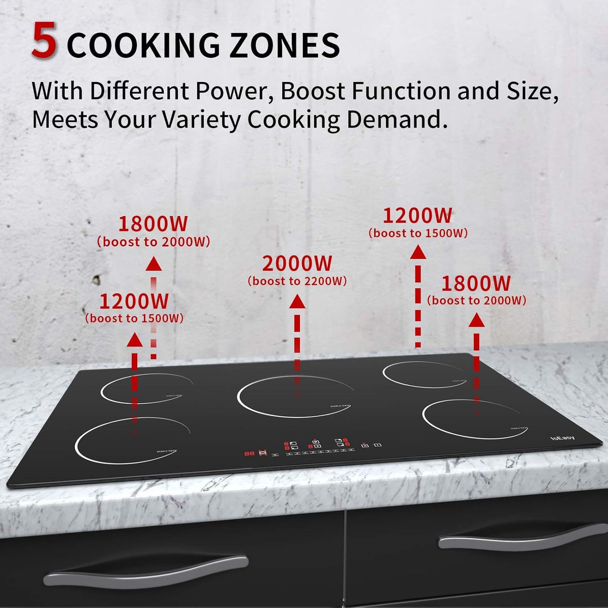 IsEasy Plaque Induction 5 Feux, Plaque de Cuisson Induction 5 Foyers, Encastrable, 8600W, Booster, Minuterie, Commande Tactile, Verrou Enfants, 90cm