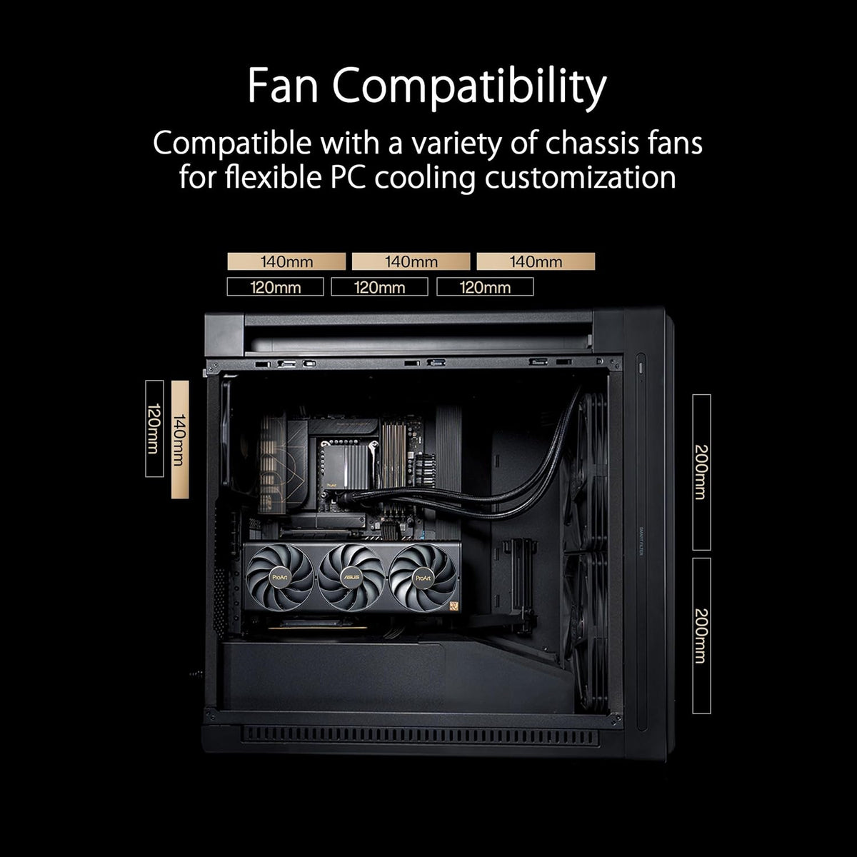 Boitier ProArt PA602 E-ATX, Support de radiateur 420 mm, Ventilateur de 140 mm et Deux Ventilateurs de 200 mm préinstallés, indicateur de poussière IR sur Le Panneau Avant