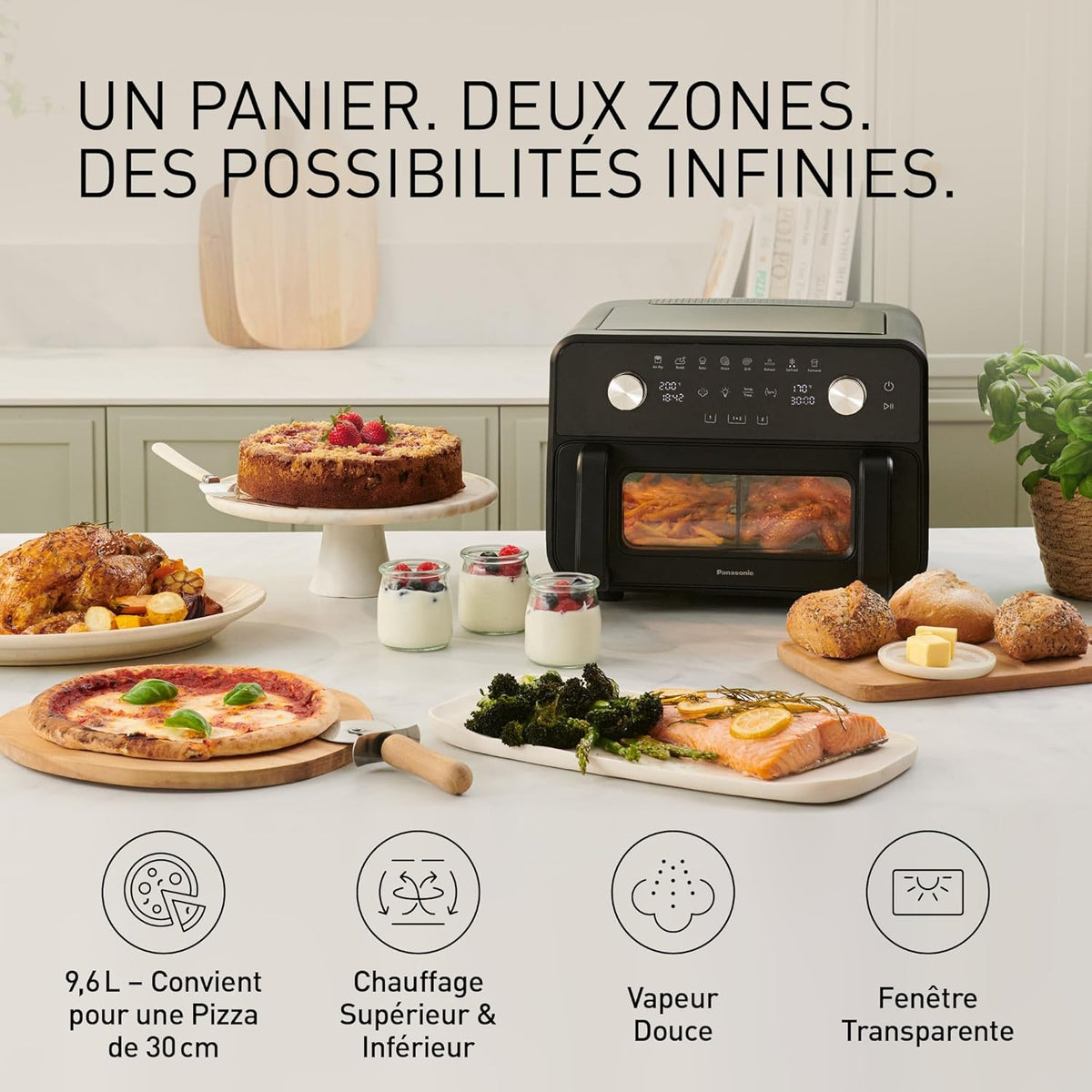 Panasonic NF-BC1000 Friteuse à Air Flexible avec Fenêtre, XL Panier Flexible, Séparateur Amovible, 9,6L, 30°-230C, Vapeur Douce, 8 Préréglages, Nettoyage Facile, Noir
