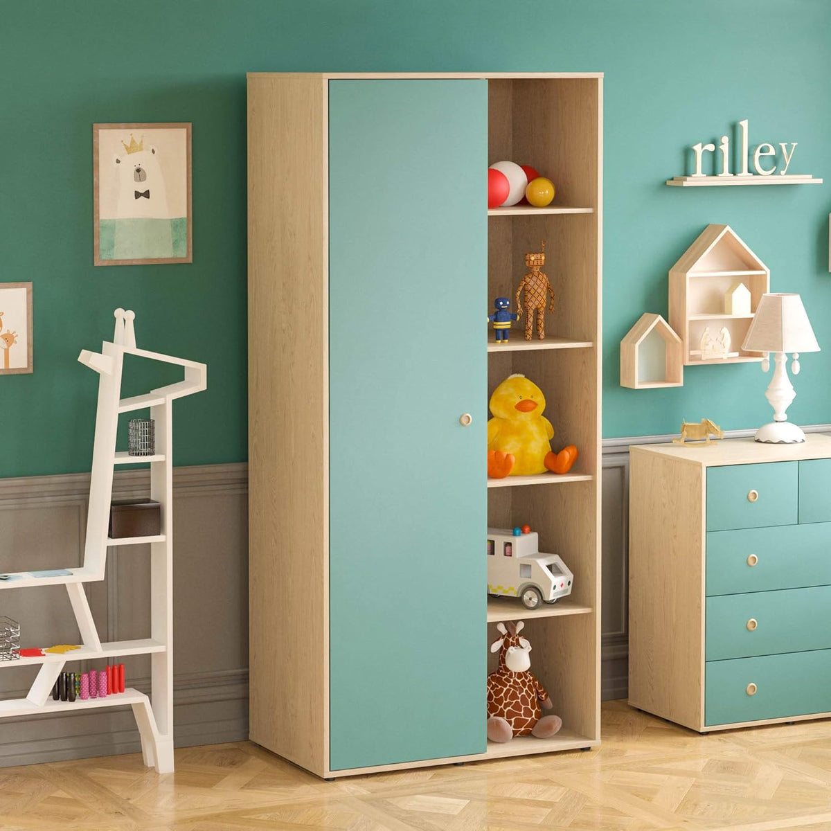 Junior Vida Neptune Ensemble de meubles de chambre à coucher 3 pièces avec table de chevet à 2 tiroirs, commode à 5 tiroirs, armoire à 1 porte (bleu et chêne)