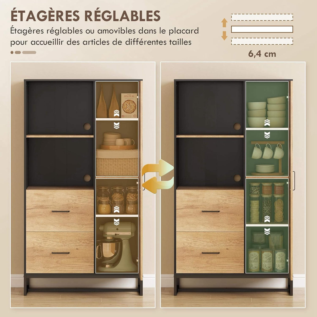 HOMCOM Buffet haut cuisine, armoire de cuisine, vaisselier, 2 tiroirs, placard à porte, 2 niches ouvertes, étagères réglables, meuble de rangement moderne, pieds en acier, 88x35x160cm, noir et naturel