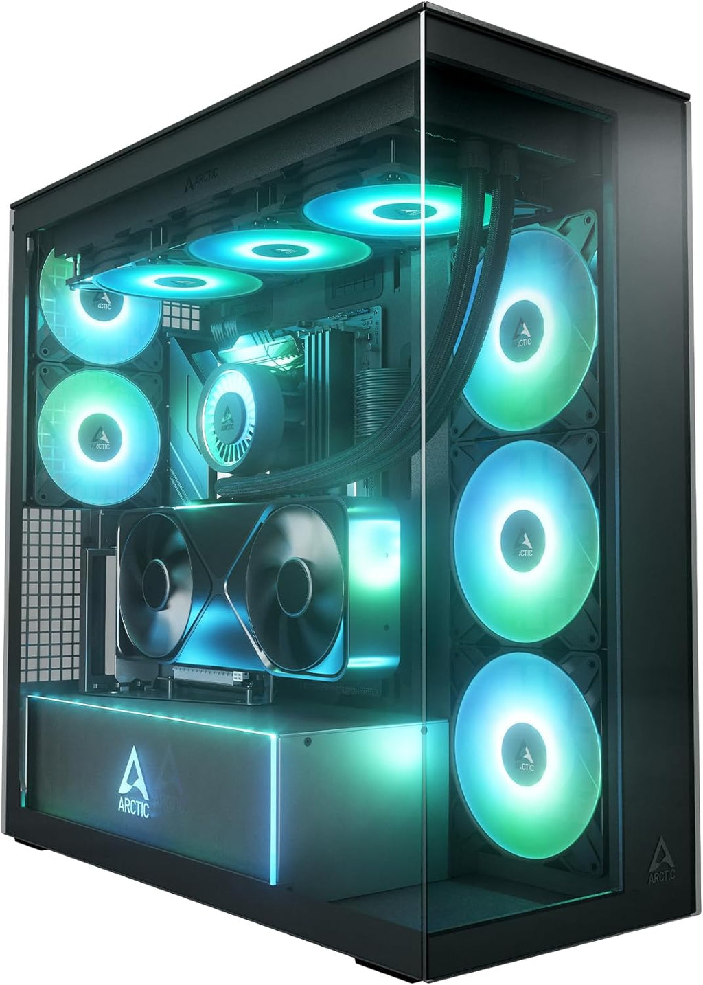 ARCTIC Xtender VG (Mirror Black) avec Montage Vertical de GPU - Boîtier PC, Verre Miroir, Support pour Radiateur 2 x 420 mm, Tour Midi, E-ATX, 5X Ventilateurs A-RGB Pré-installés - Noir