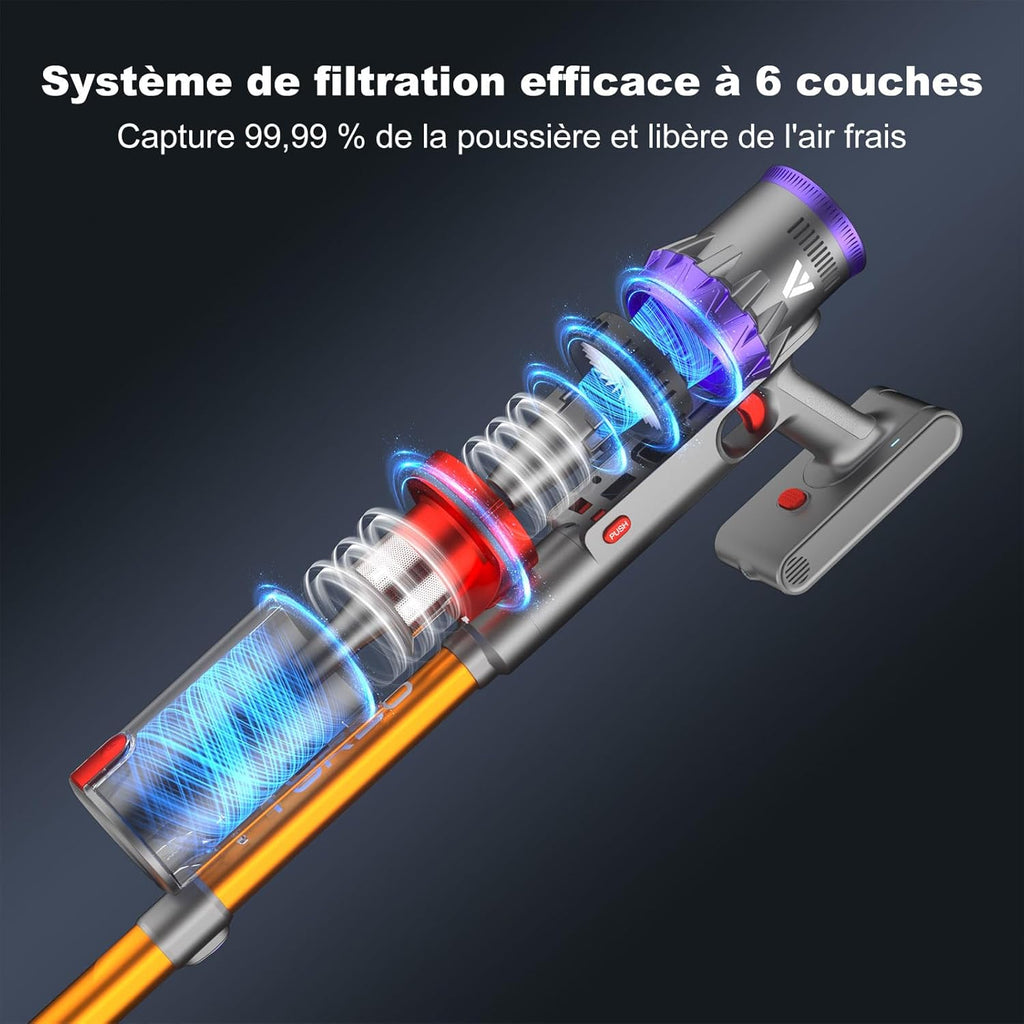 coovy SU7 Aspirateur Balai sans Fil 580W/55Kpa/75Mins, Aspirateur sans Fil Puissant, Chargement Mural, Écrans Tactiles LED, 1,3L Capacité, pour Sols Durs/Tapis/Les Poils d'animaux