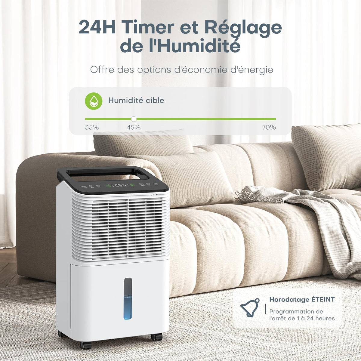 Deshumidificateur d air 16L/jour, Déshumidificateur de Chambre Ultra-silencieux, Contrôle Central Intelligent, Mode AUTO, Indicateur d'humidité, Minuterie 24H, Plus Puissant, Plus Efficace