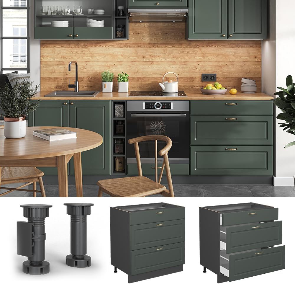 Vicco Meuble Cuisine Fame-Line, Vert Or Campagne/Anthracite, 80 cm avec 3 tiroirs, PT Chêne