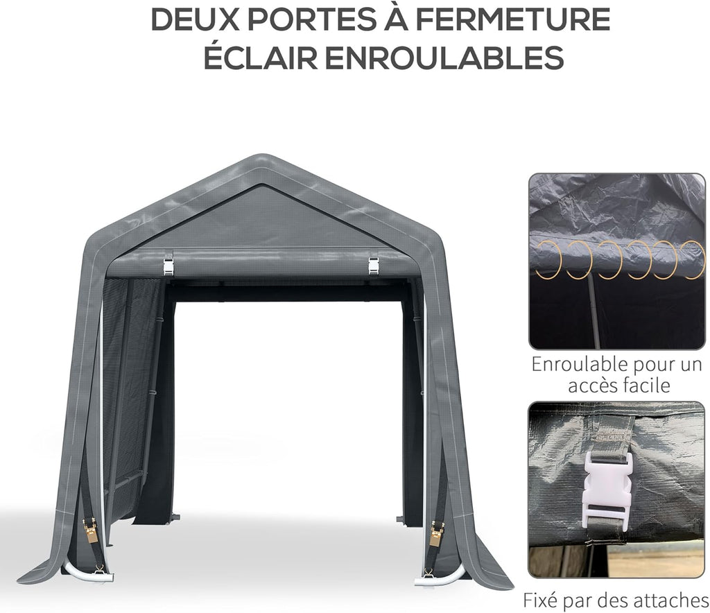 Outsunny Abri de Jardin, Tente de Stockage, 2 Portes zippées, Cadre métallique, abri de vélo, Protection Contre la Pluie légère et Le Vent, 280 x 240 x 240 cm, Gris foncé