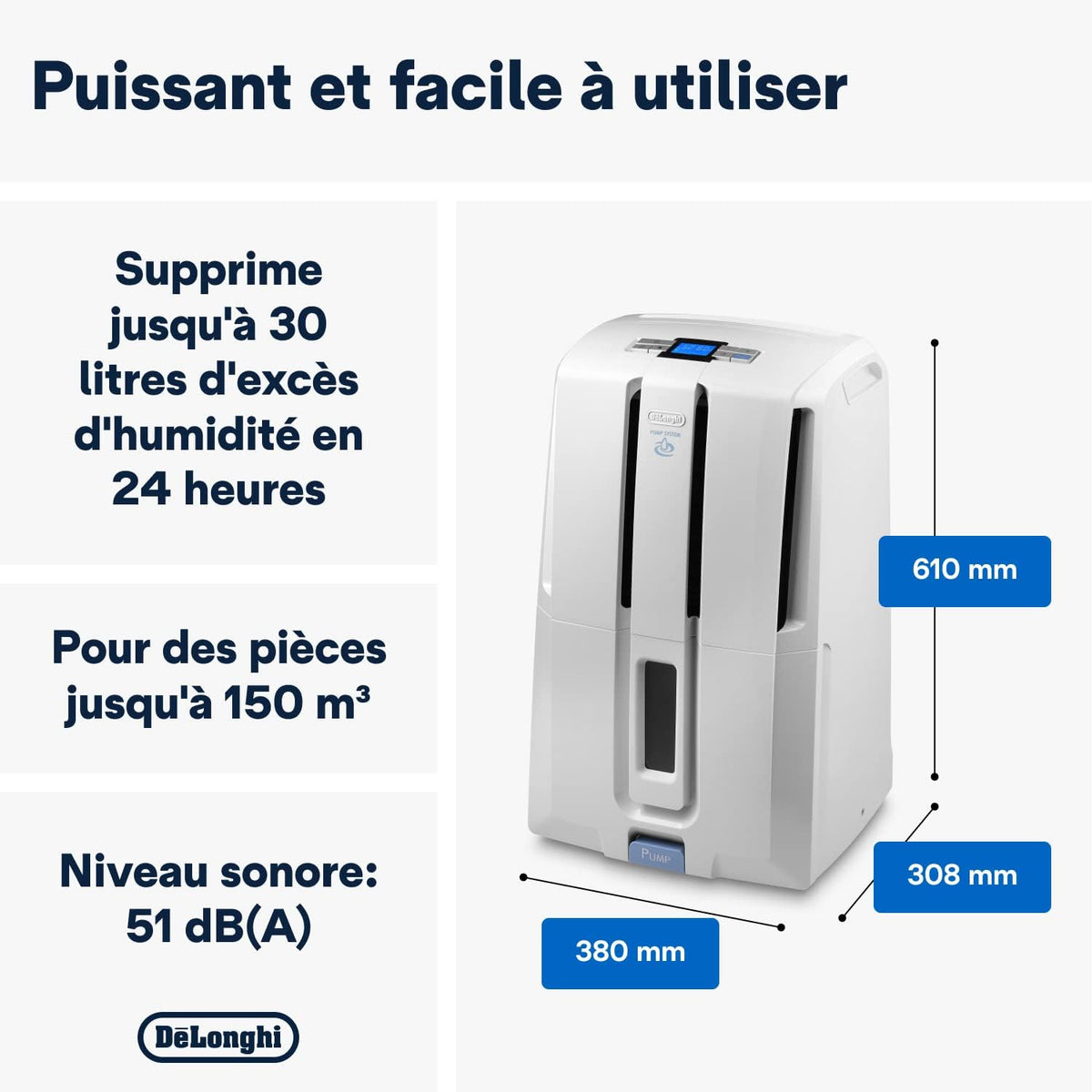 De'Longhi DD230P Aria Dry Pump Déshumidificateur, Efficacité dès 24h, Tuyau Evacuation 5 m, Réservoir d'eau Amovible, Capacité 30 Litres,540 W, Blanc