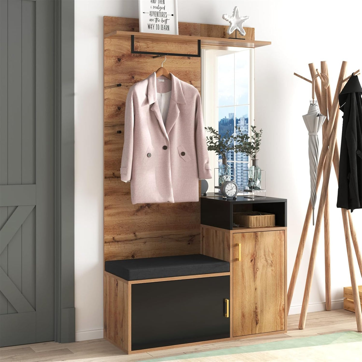 Sweiko Lot de 4 porte-manteaux avec 4 patères, miroir, armoire à chaussures, porte-manteau mural, étagère supérieure, couloir banc