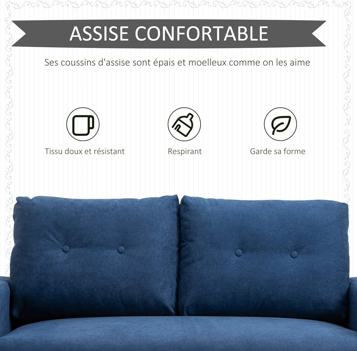 HOMCOM Canapé 2 Places Design scandinave dim. 145L x 76l x 88H cm Pieds Bois Massif Tissu Bleu
