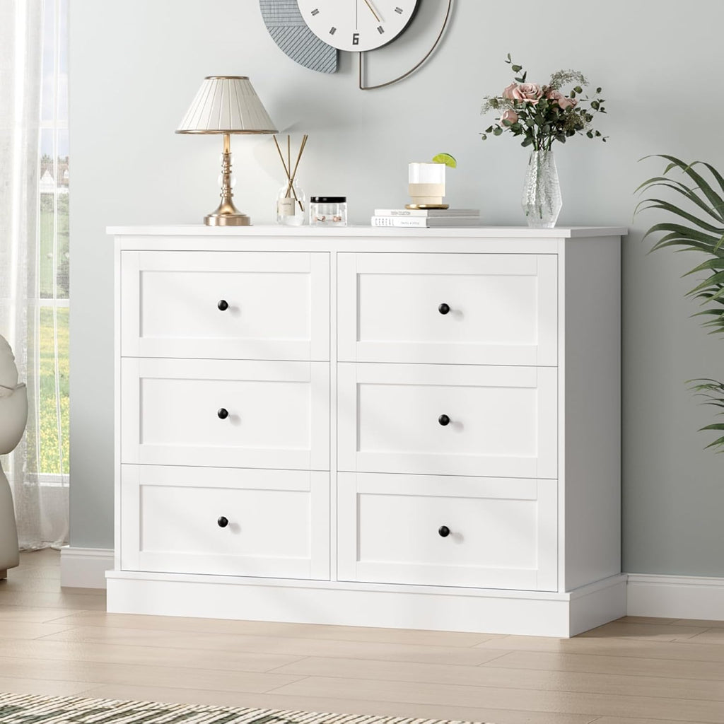 FOREHILL Commode Chambre Blanche Commode 6 Tiroirs Meuble de Rangement Chambre Adulte en Bois, Style Moderne 108x40x87cm