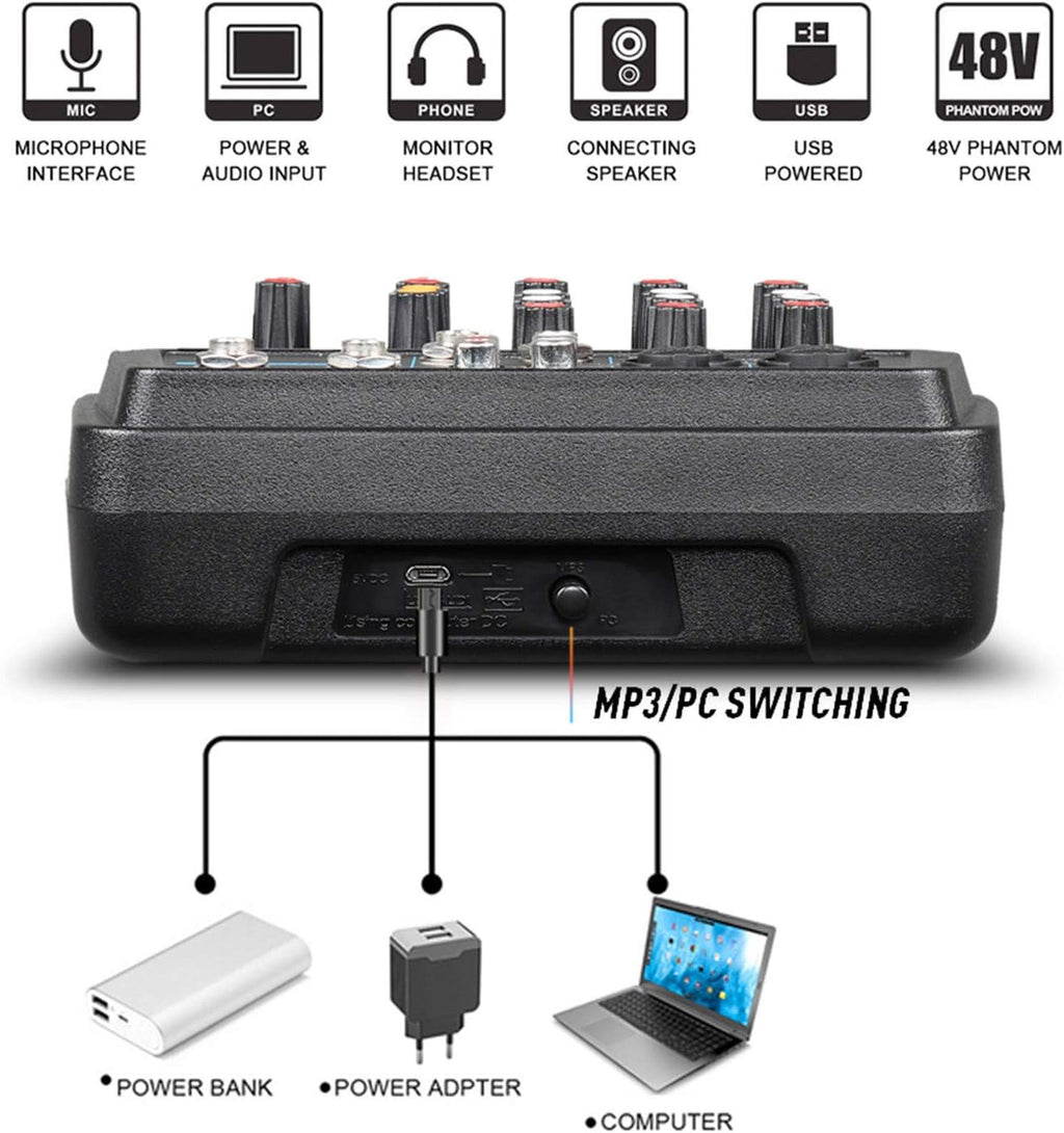 Mixeur audio, Interface de contrôleur de son DJ for mixeurs en direct avec clé USB for enregistrement sur ordinateur Mixeur audio de studio 4/6 canaux Professionnel et débutant, 6 canaux(4 Channel)