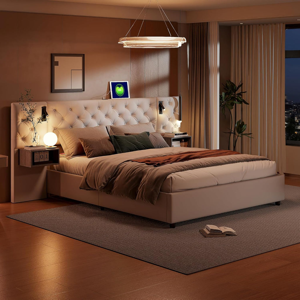 Julyue Lit double avec tables de chevet, 160 x 200 cm, rembourré, lampe de lecture et USB, hydraulique, rangement, cadre en bois, blanc
