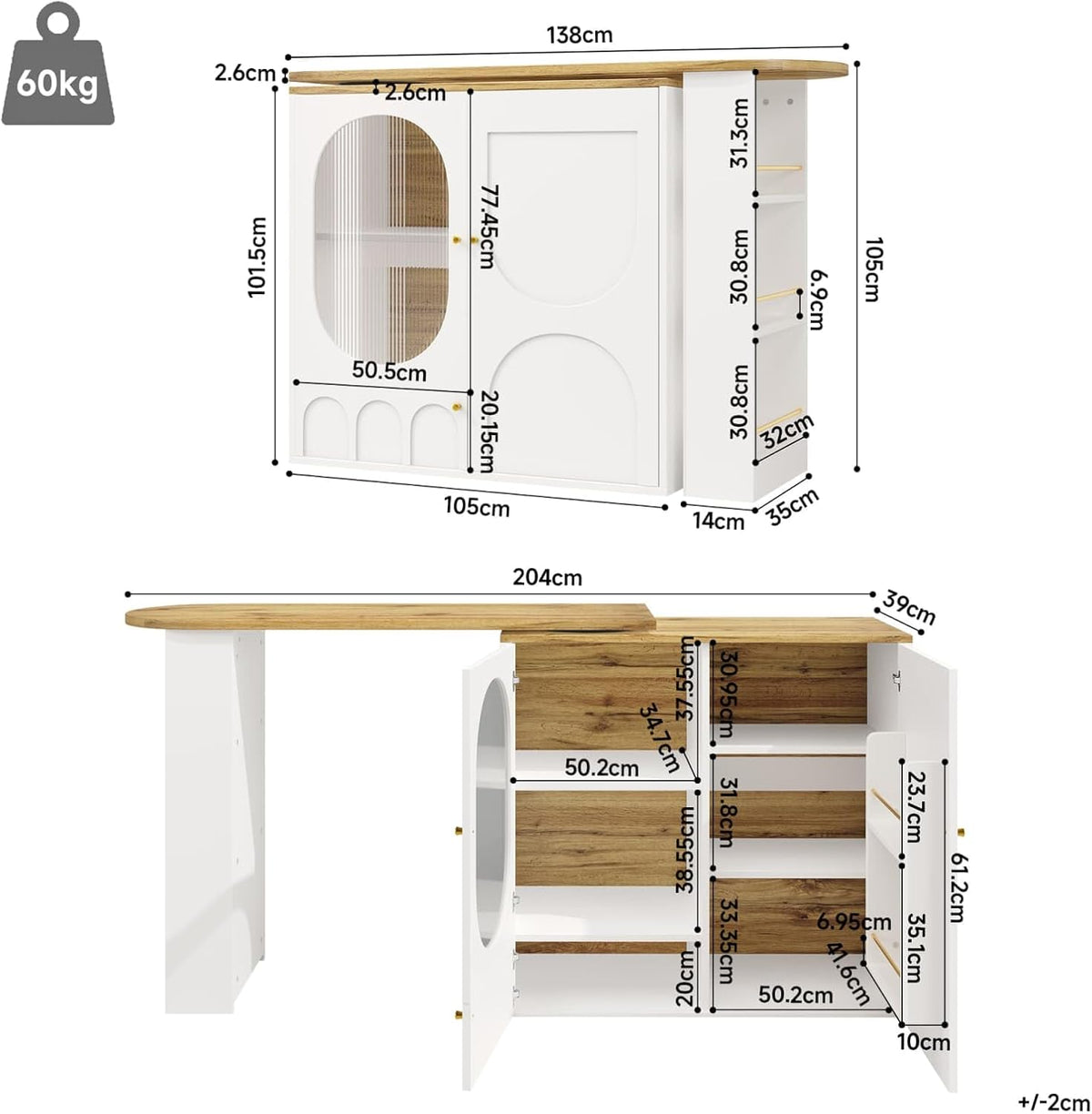 KOMHTOM Table à Manger Pivotante à 360°avec Armoire de Rangement, Meuble de Bar, Bar Cuisine avec 3 Portes et étagères réglables en Hauteur (Blanc)