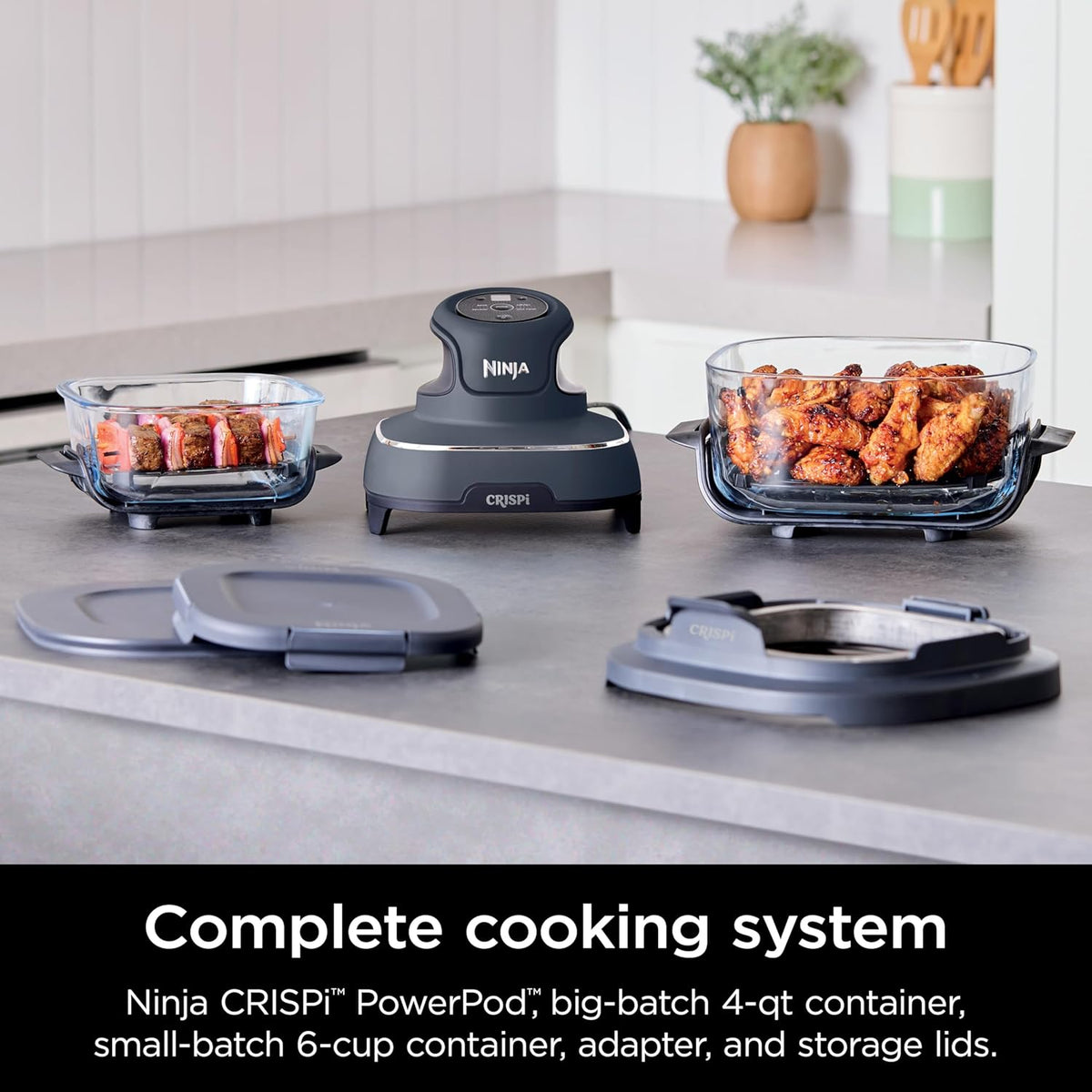 Ninja Crispi Friteuse à air, passe au micro-ondes, au congélateur et au lave-vaisselle, système de cuisson portable en verre non toxique, récipient en verre de 1,5 l et 6 tasses avec couvercles
