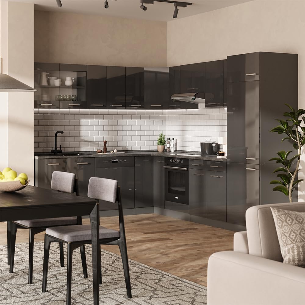 Vicco Cuisine en Angle R-Line, Anthracite Brillant/Anthracite, 227x287cm, PT Marbre